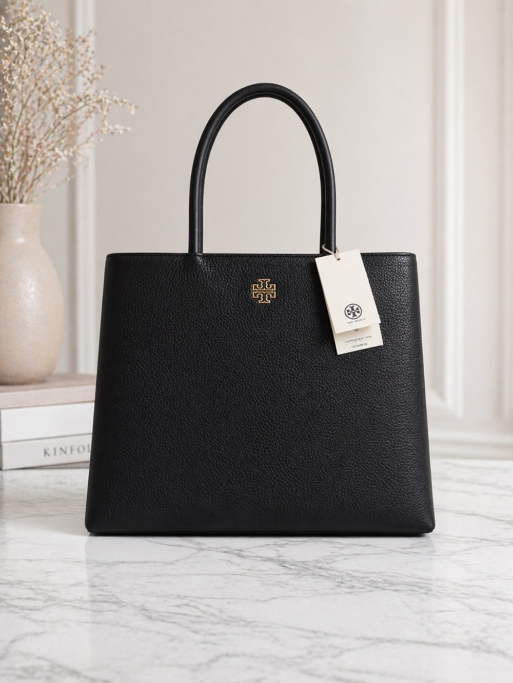 Tory Burch Black Pebbled Leather Tote with Gold Logo - Britten Tote